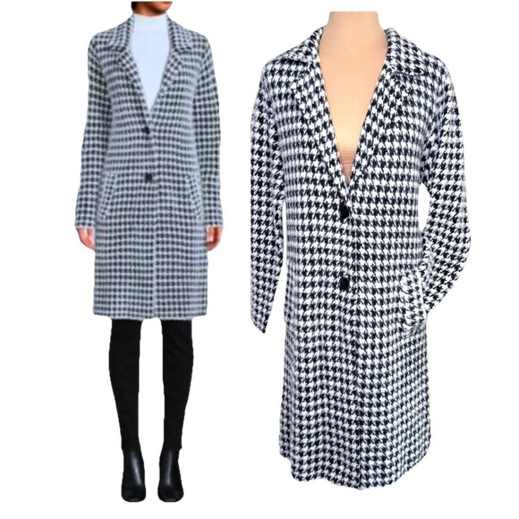 Magaschoni Faux Fur Houndstooth Sweater Coat Medium Black White - Picture 1 of 16